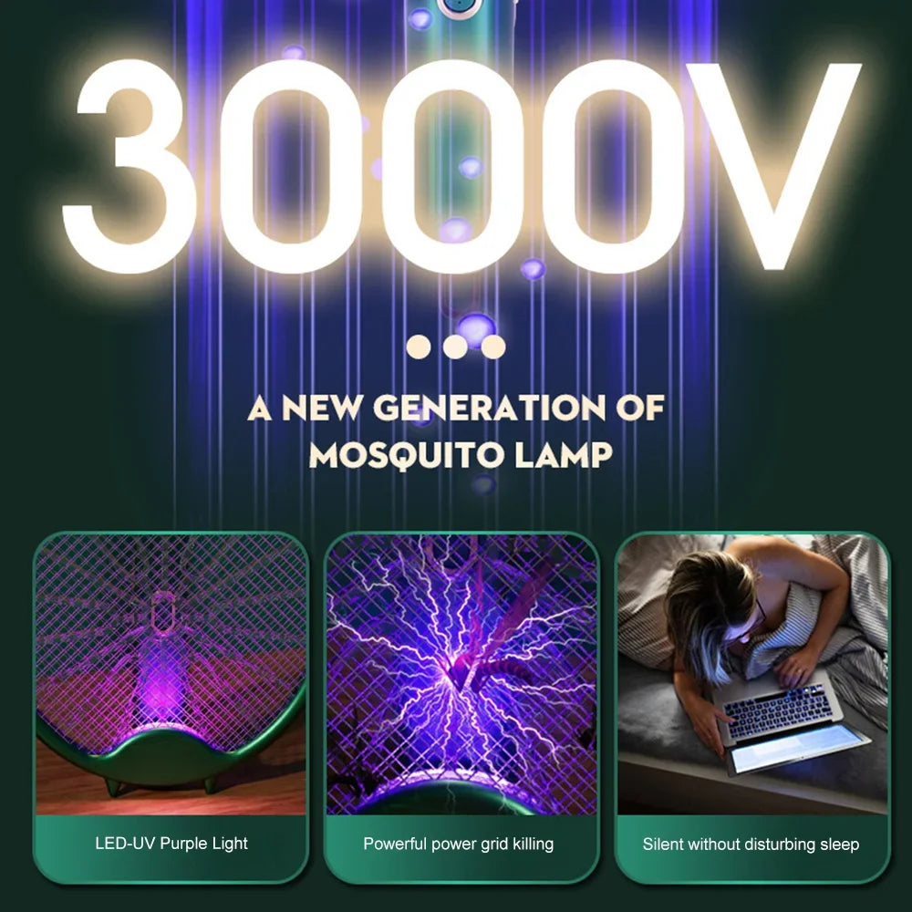 3000V Electric Mosquito Racket Mosquito Killer Lamp USB Rechargeable Foldable Mosquito Repellent Lamp Swatter Fly Swatter