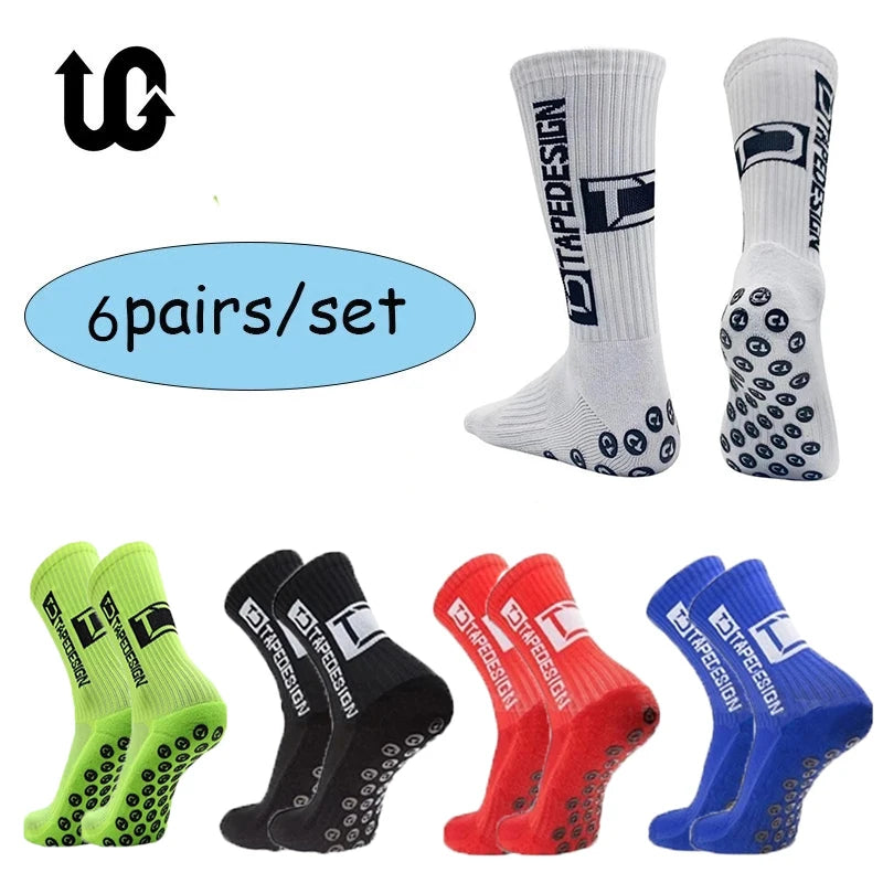 6Pairs/Lot 2023 New ANTI SLIP Tapedesign Football Socks Mid Calf Non-Slip Soccer Sport Cycling Sports Mens Sock EU38-45