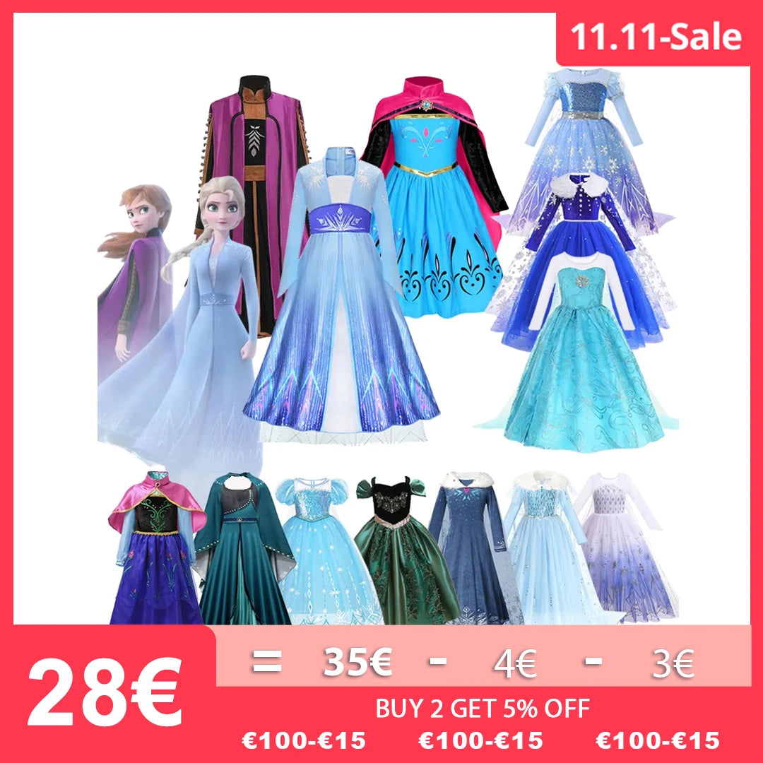 Disney Frozen Elsa Anna Princess Dress Girls Halloween Carnival Clothing Party Kids Cosplay Snow Queen Children Outfit Costume