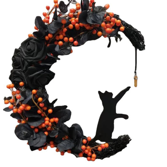 Halloween Moon Cat Garland with Rose Black Decorations Halloween Garland Halloween Wreath for Front Door Halloween Door Decor