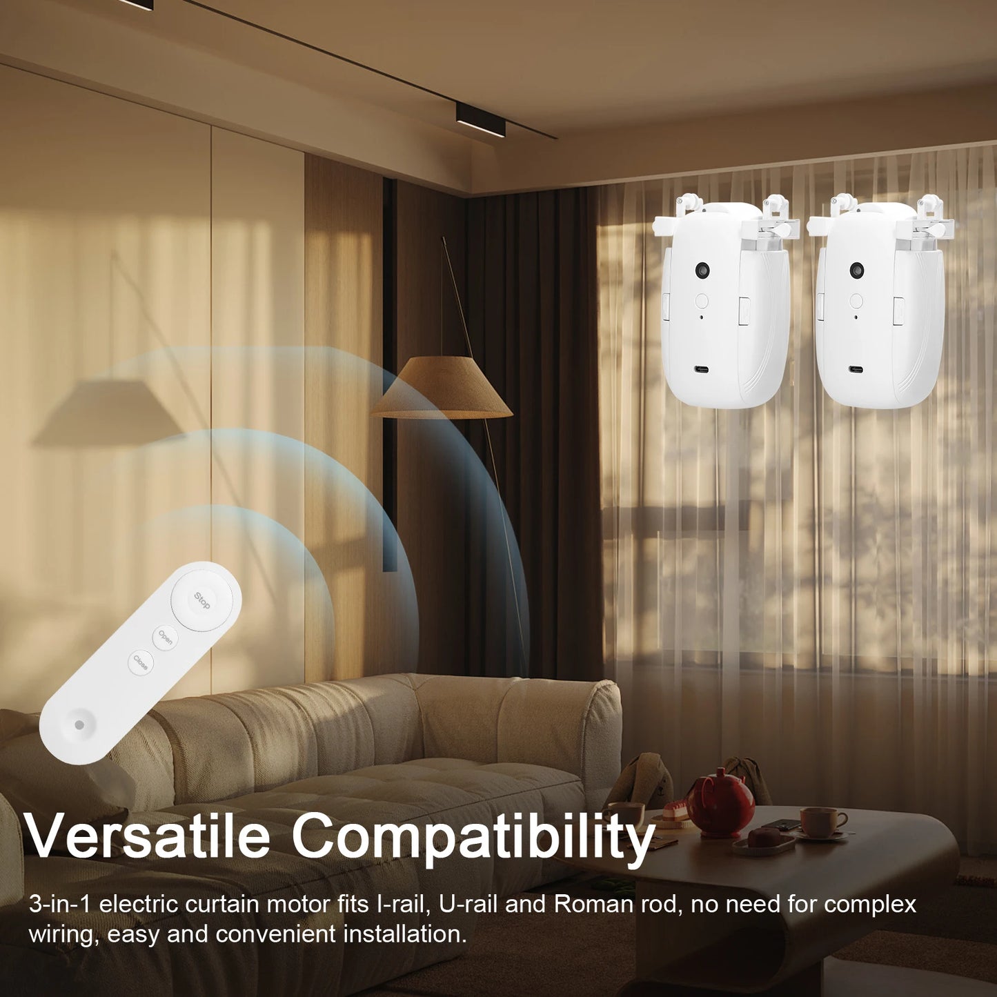 3 in 1 Intelligent Curtain Motor Home Electric Curtain Opener No Wiring with Remote Controller for I-Rail/U-Rail/Roman Rod