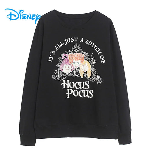 Disney Halloween Hocus Pocus Fleece Sweatshirt Women O Neck Long Sleeve Casual Pullover Tops Female Cartoon Jumper Streetwear