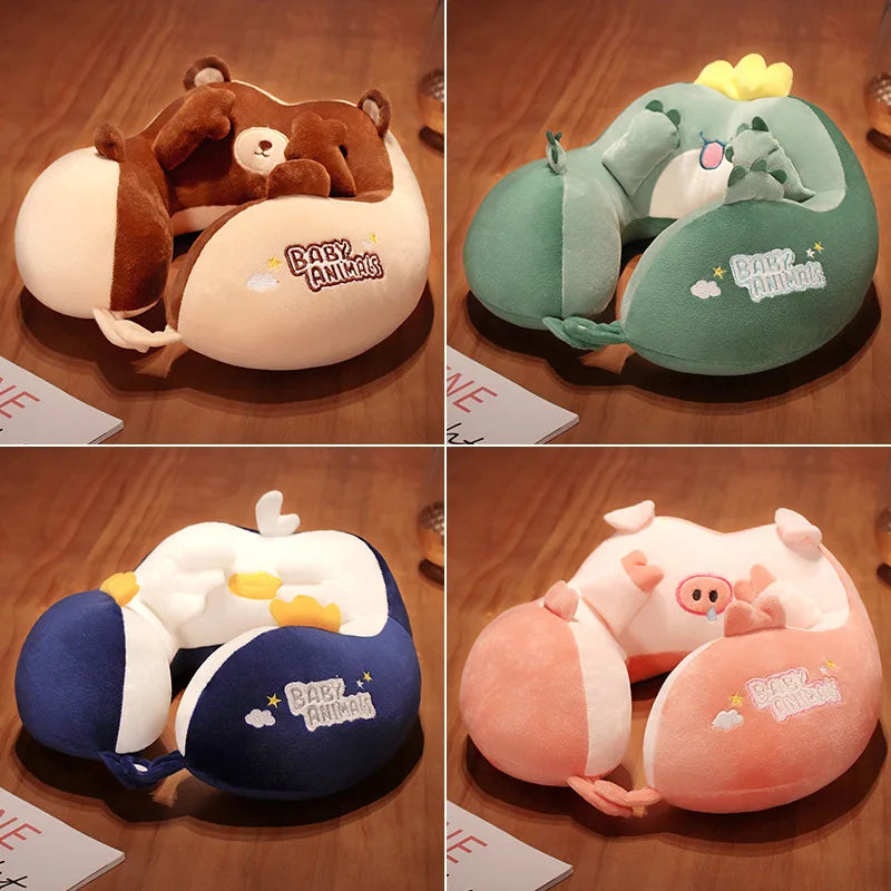 Cartoon U-shaped Pillow Plush Memory Foam Animal Shape Nap Pillow Office Student Portable Pillow Travel Pillow Neck Pillow