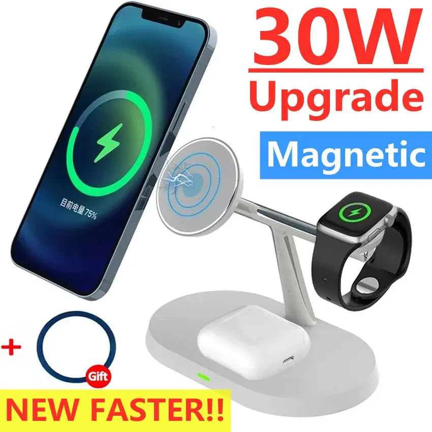 3 in 1 30W Magnetic Wireless Charger Stand Macsafe For iPhone 15 14 13 12 Apple Watch 8 7 6 Airpods Pro Fast Charging Station